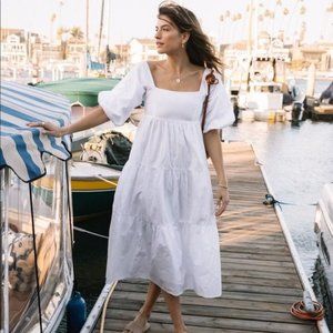 Faithfull the Brand White Kiona Midi Puff Sleeve Cotton Dress - Size Small